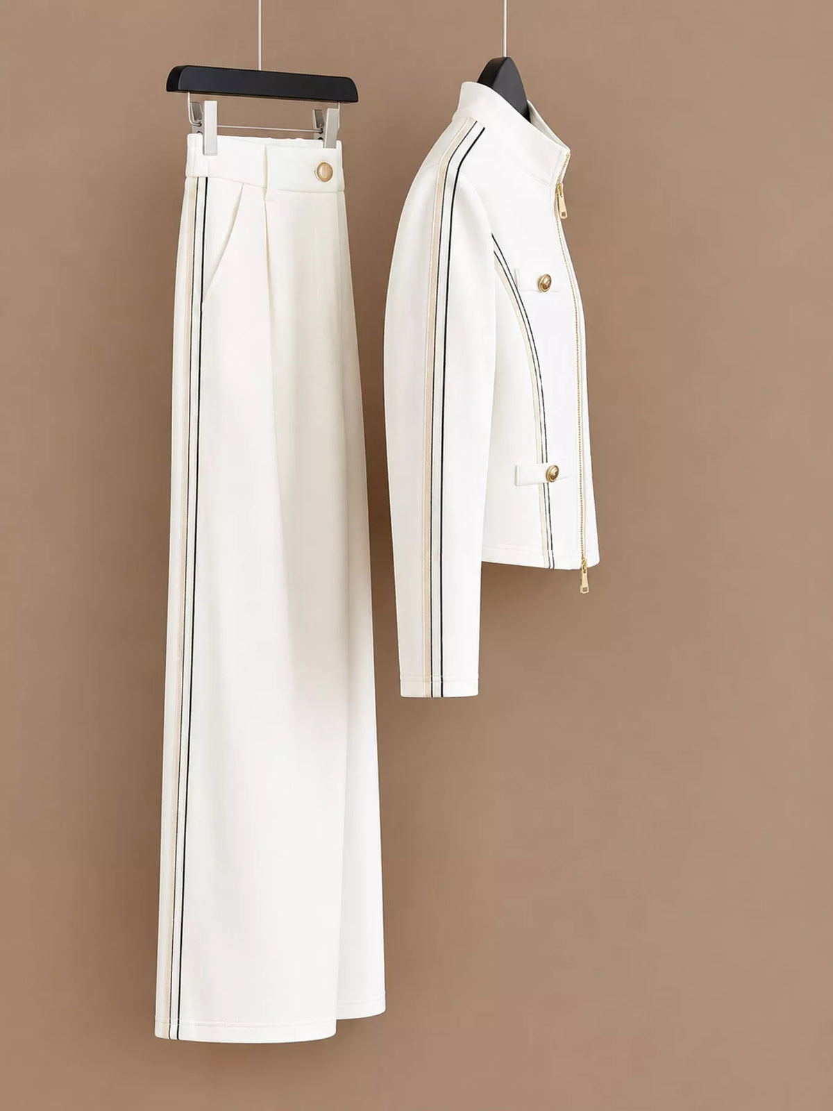 Zip-Up Jacket and Wide-Leg Pants Set in white