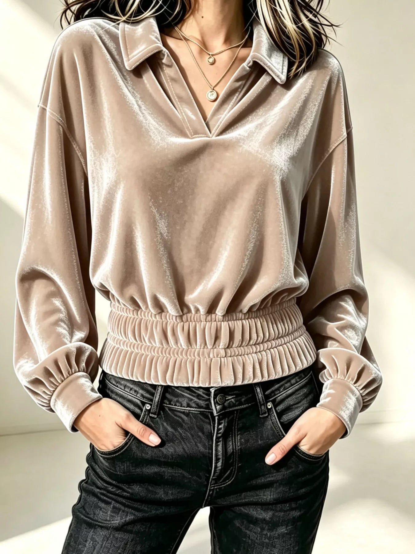 Trendsi Velvet Johnny Collar Long Sleeve Blouse -