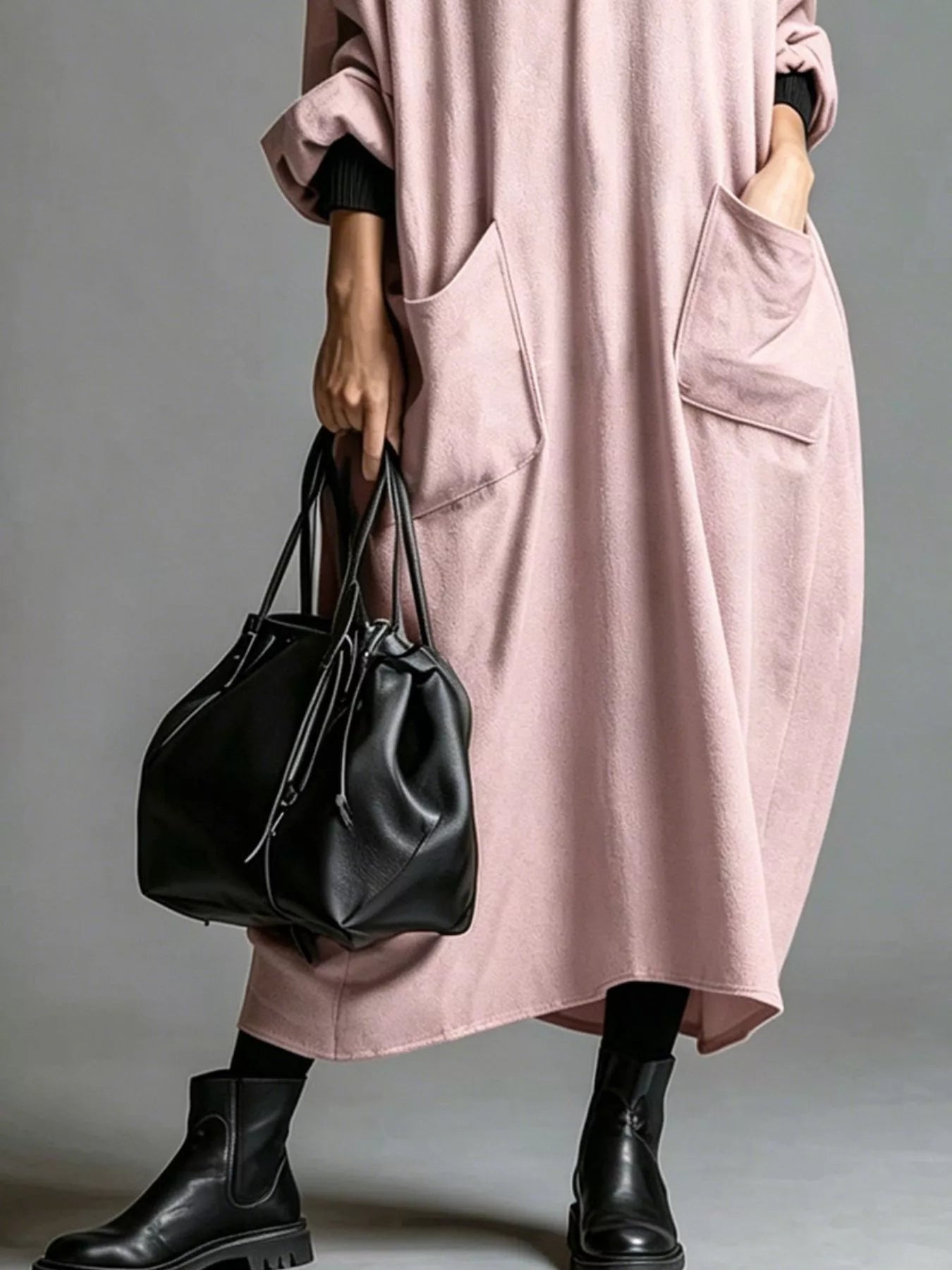 Trendsi Full Size Loose-Fit Mock Neck Midi Dress with Pockets Plus Size -