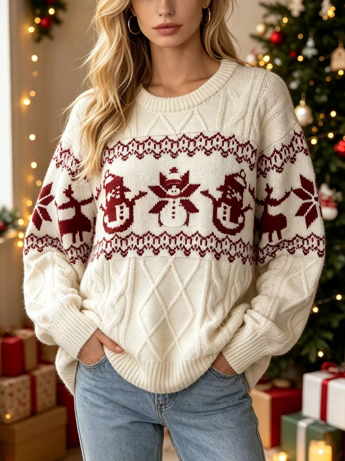 Ivory christmas snowman cable-knit sweater, standing front view.