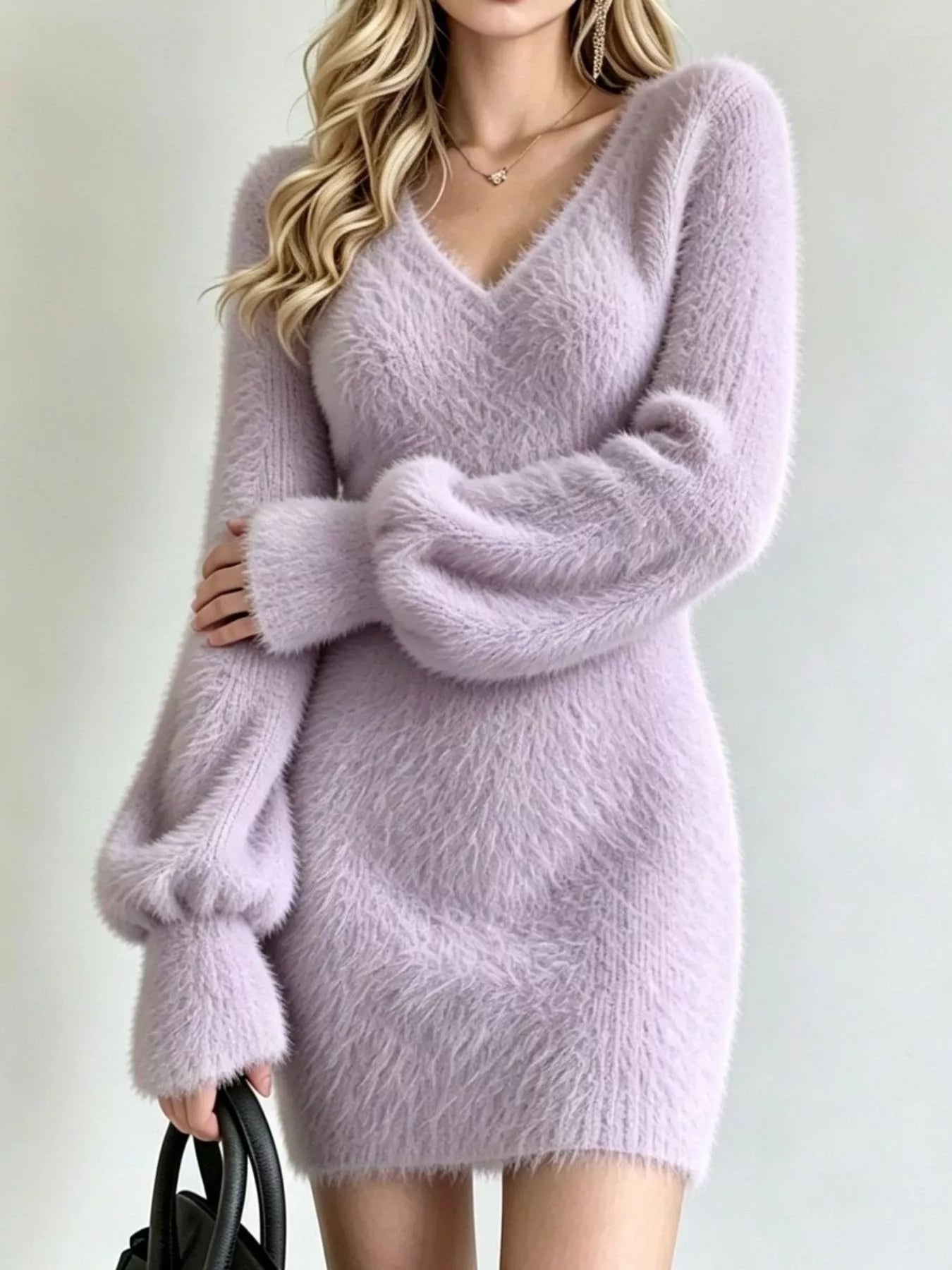 Trendsi V-Neck Fuzzy Knit Sweater Dress -