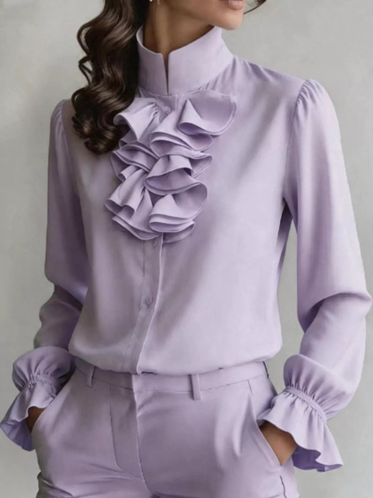 Ruffled Stand-Collar Blouse with Long Lantern Sleeves, front view