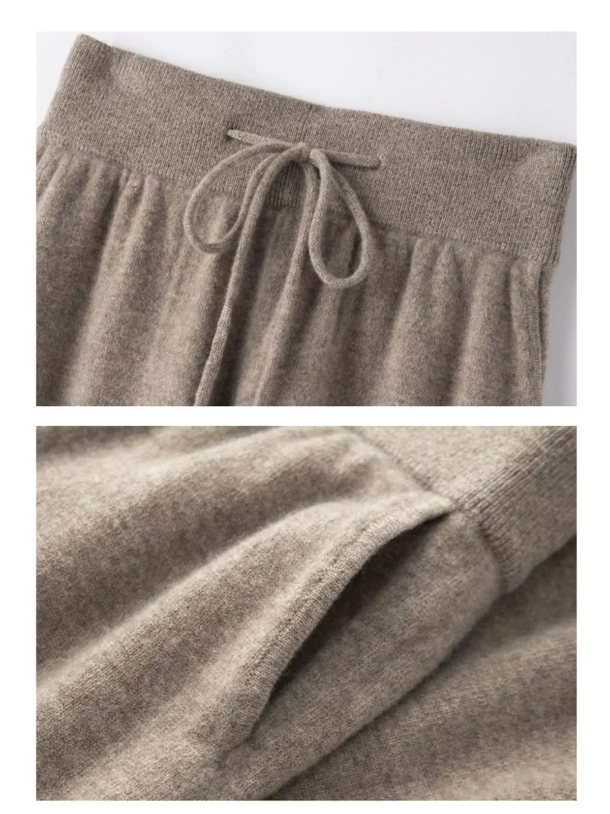 Taupe high-waisted drawstring wool knit pants, waist and pocket details