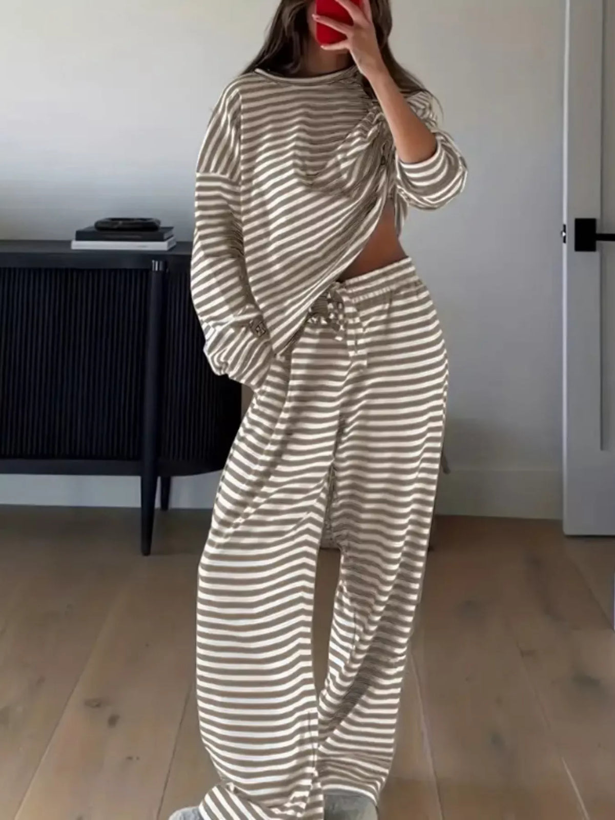 Taupe striped long-sleeve top and pants set, front view