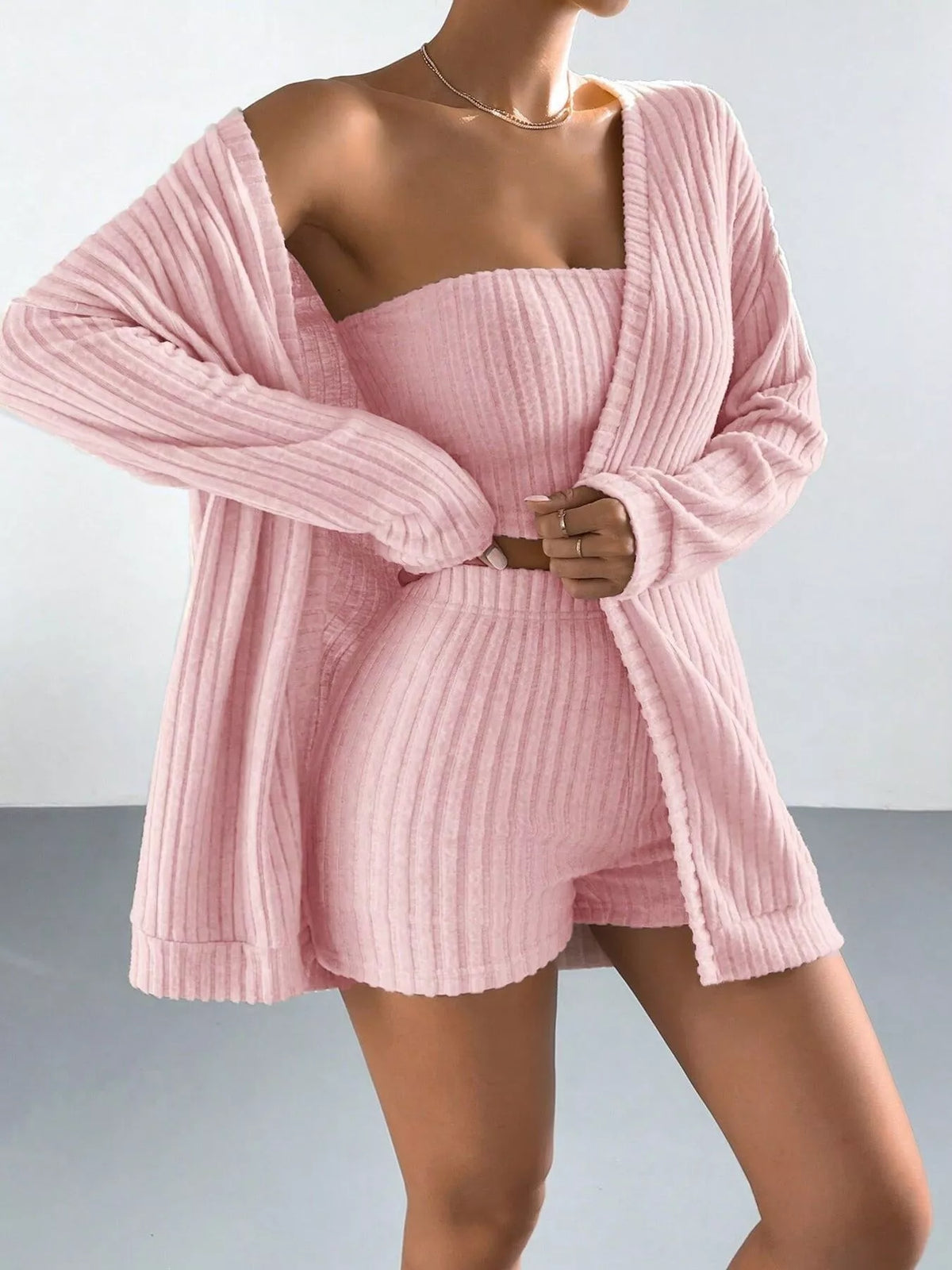 Trendsi 3-Piece Ribbed Knit Cardigan & Tube Top and Shorts Set -