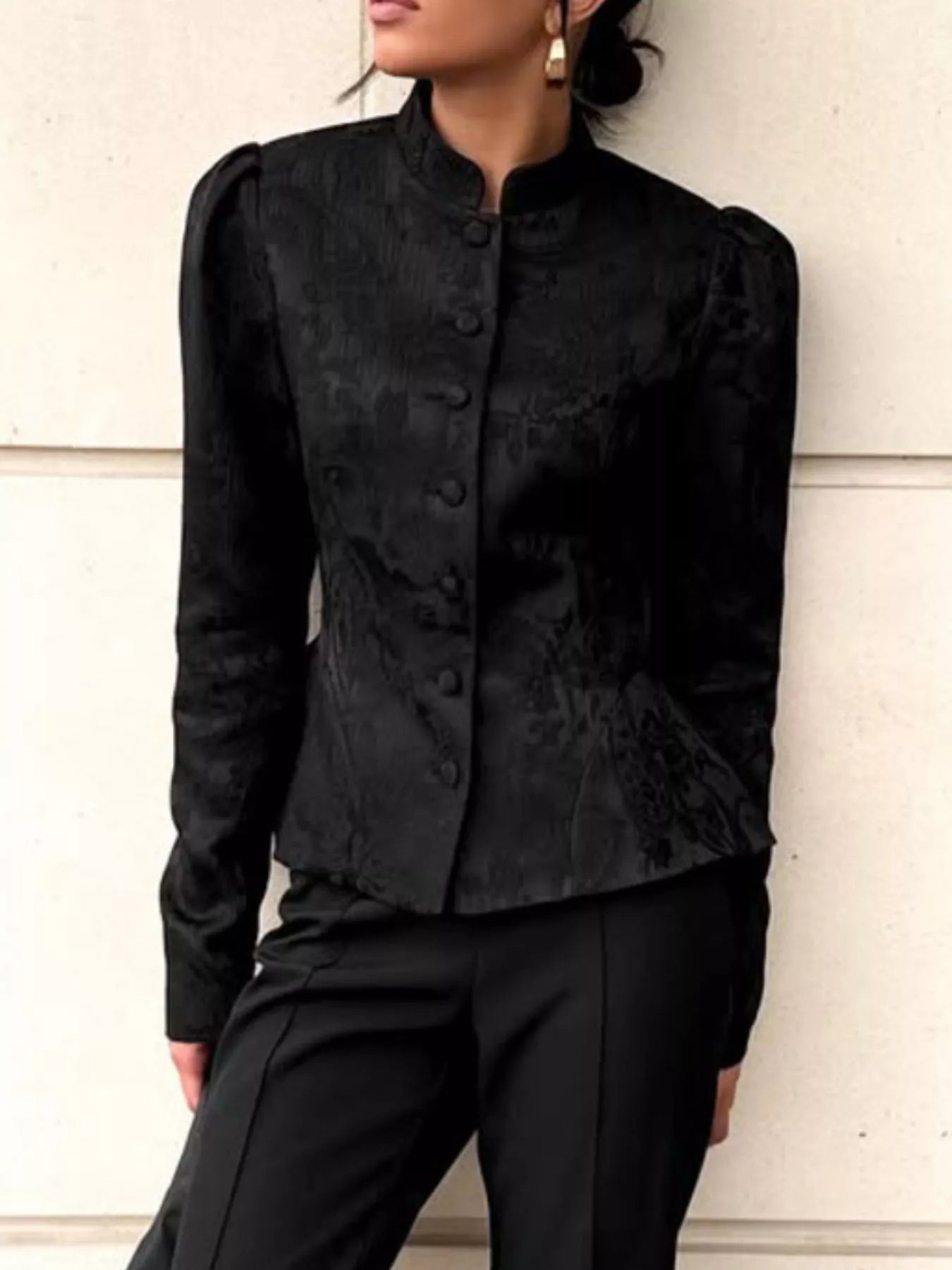 Trendsi Jacquard Peplum Puff Sleeve Outerwear -