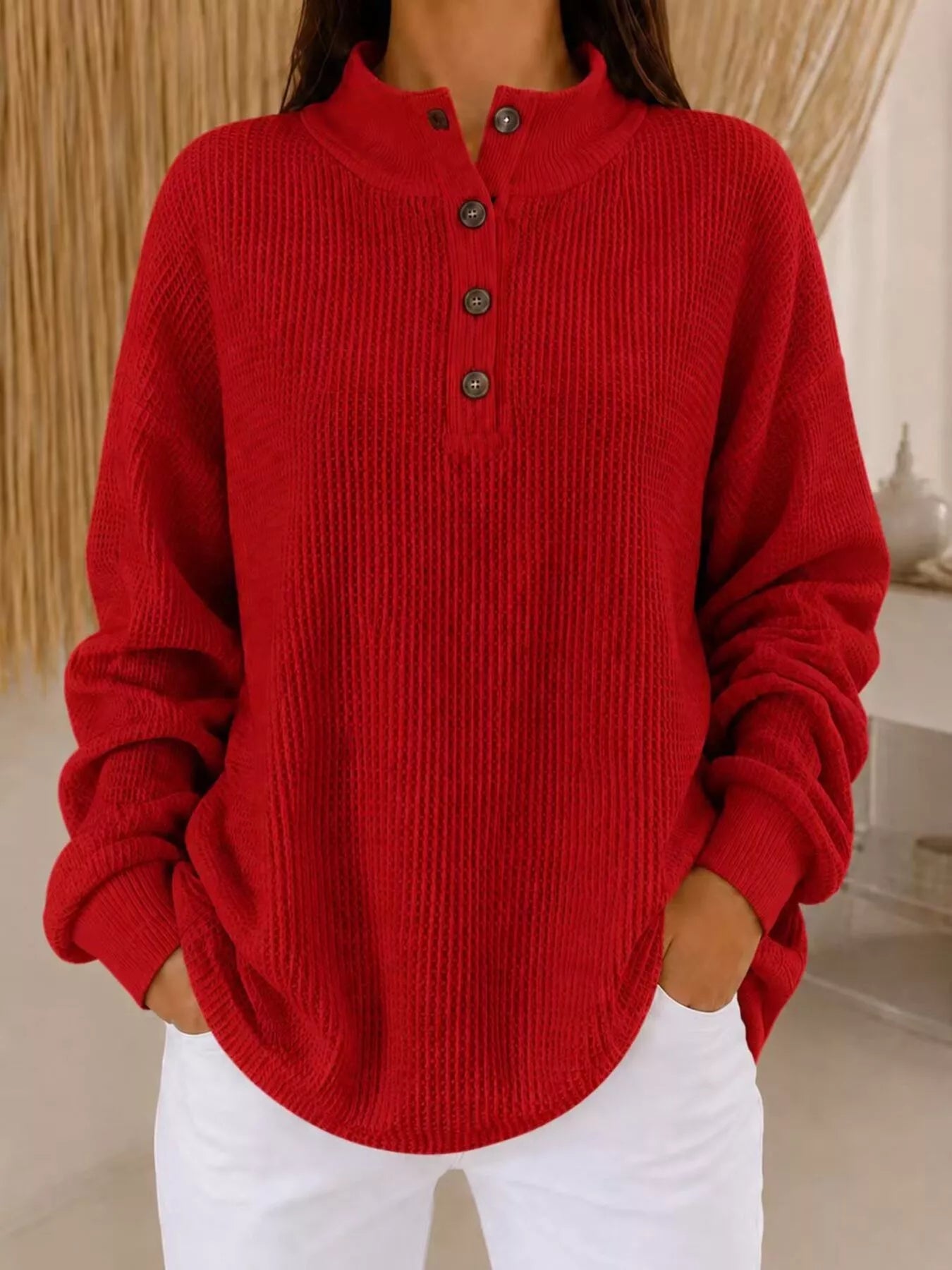 Trendsi Full Size Waffle Knit Button Detail Sweatshirt Plus Size -