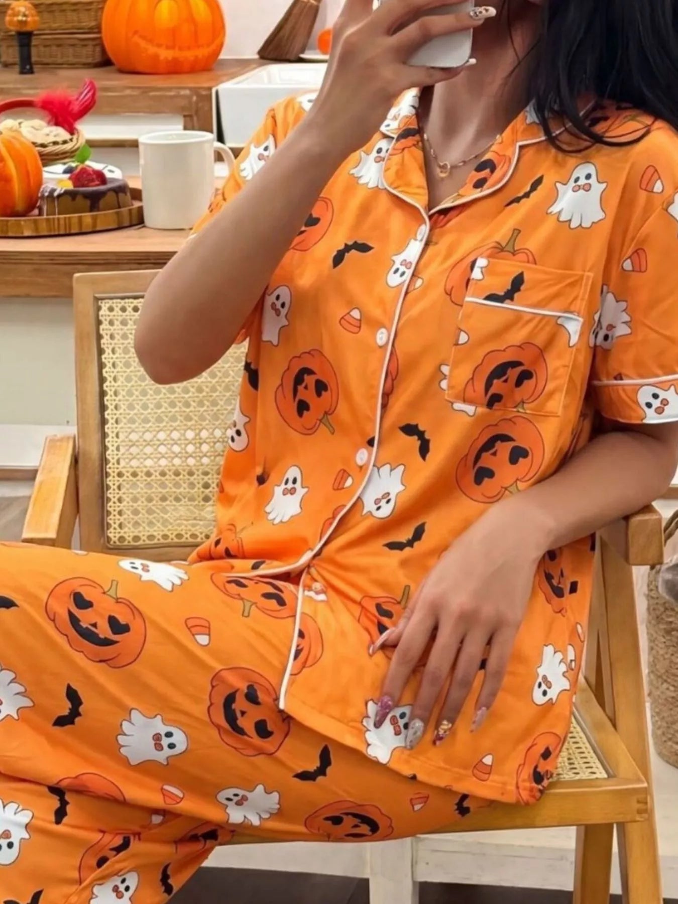 Trendsi Halloween Pumpkin Print Button-Down Top and Pants Set -