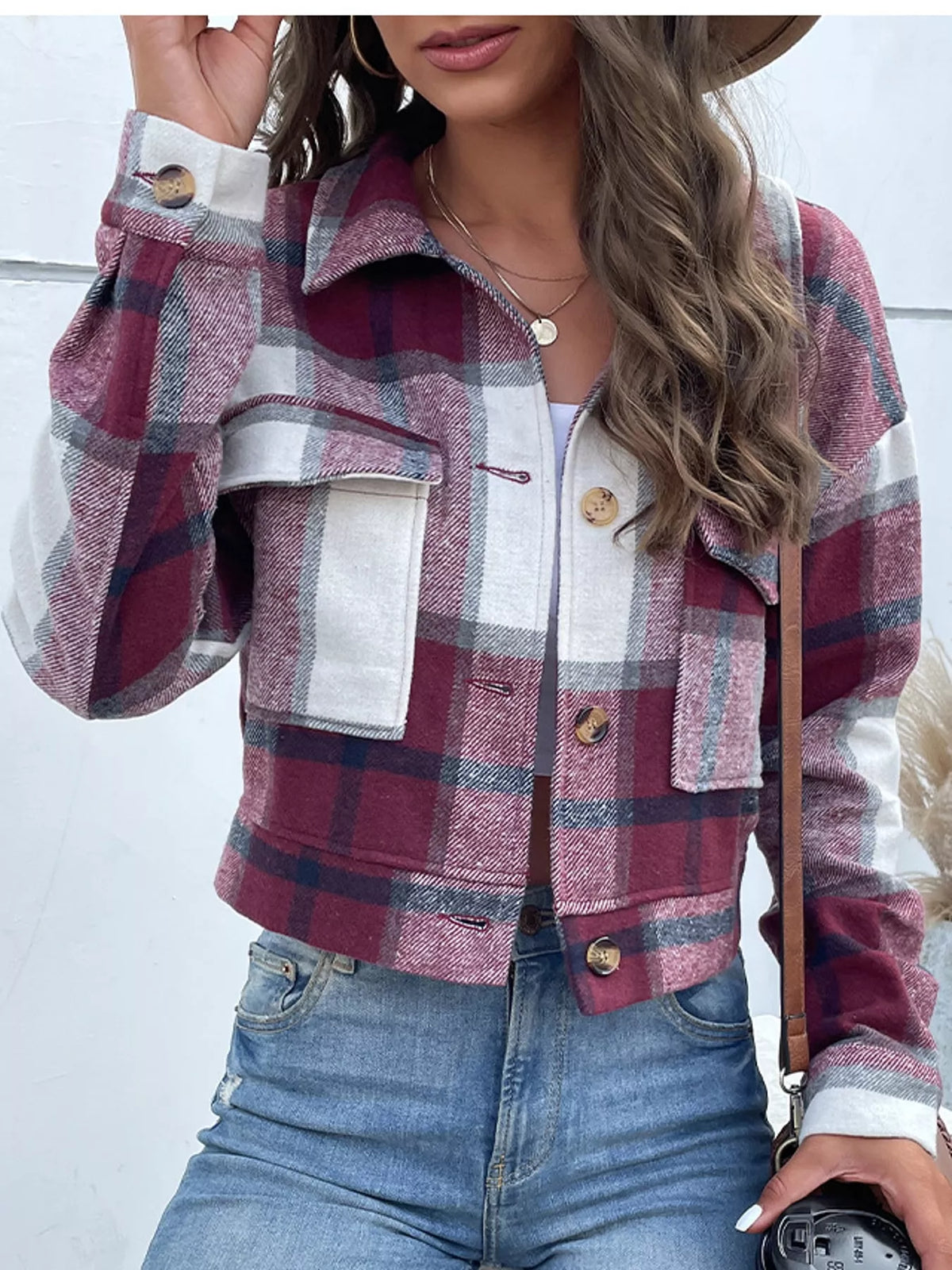 Burgundy plaid button-up cropped jacket