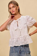 Trendsi SO ME Cotton Eyelet Front Tie Short Sleeves Blouse -