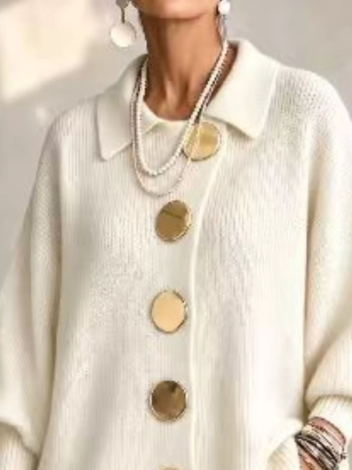 Trendsi Full Size Gold Buttons Lantern Sleeve Cardigan Plus Size -