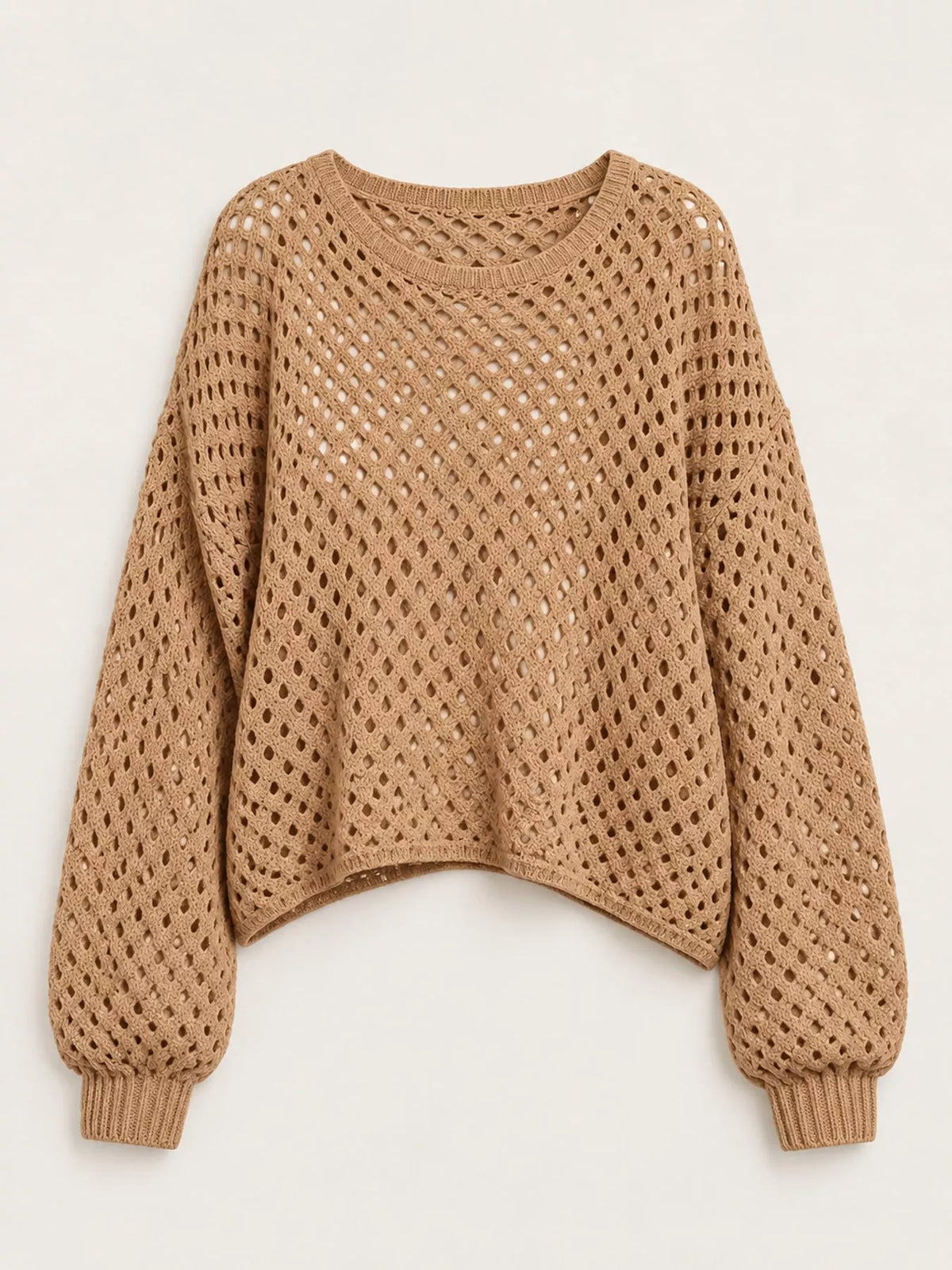 Camel openwork boat neck knit cover-up, product view