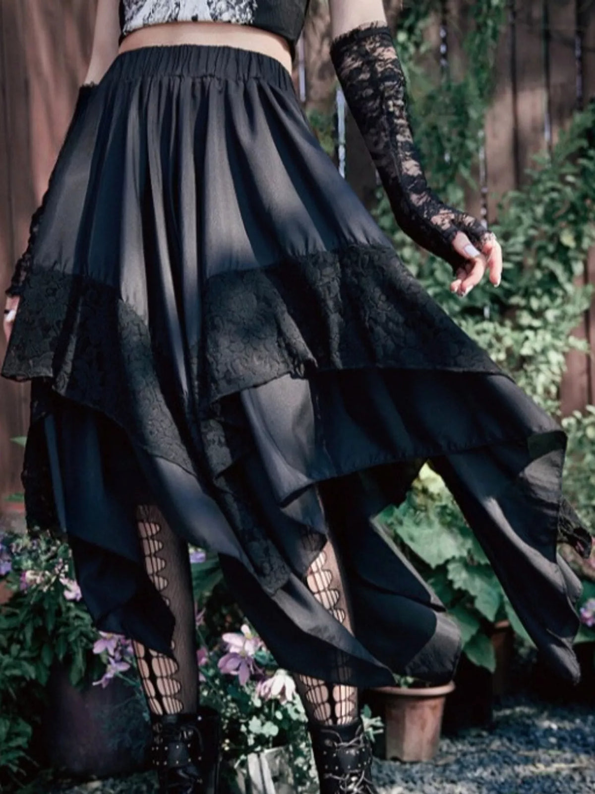 Asymmetric lace skirt, black side