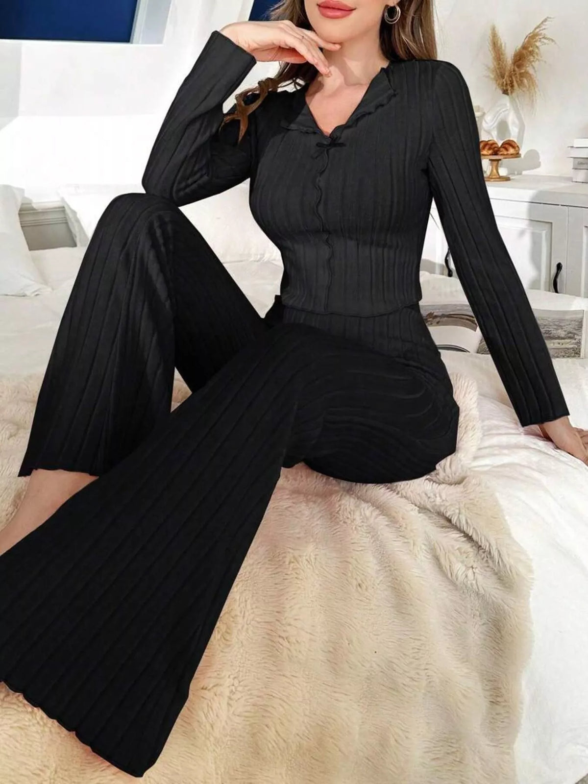 Trendsi Bow Detail Ribbed Knit Top and Pants Lounge Set -