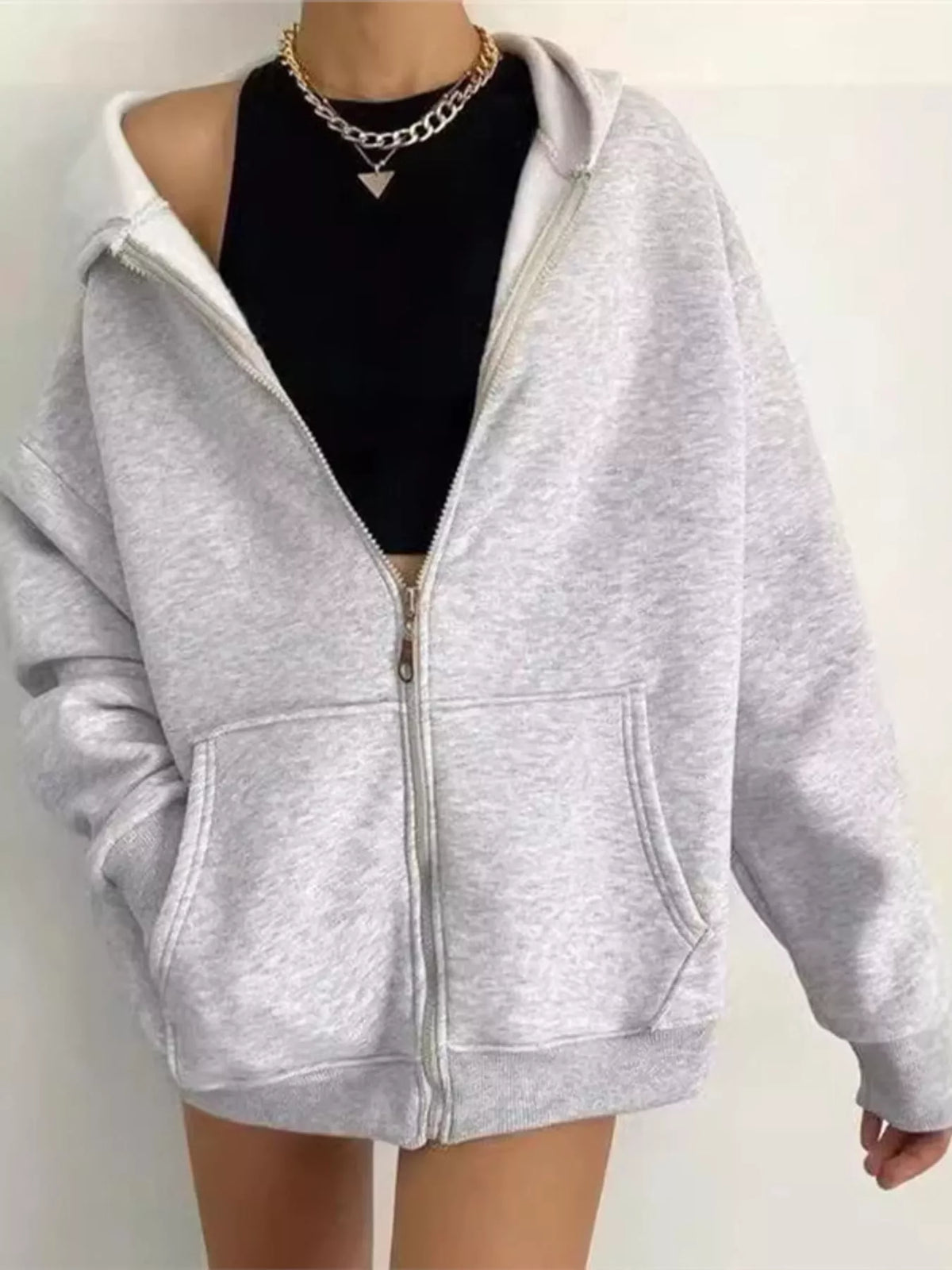 Women's Zip-Up Dropped Shoulder Hoodie in gray — front view