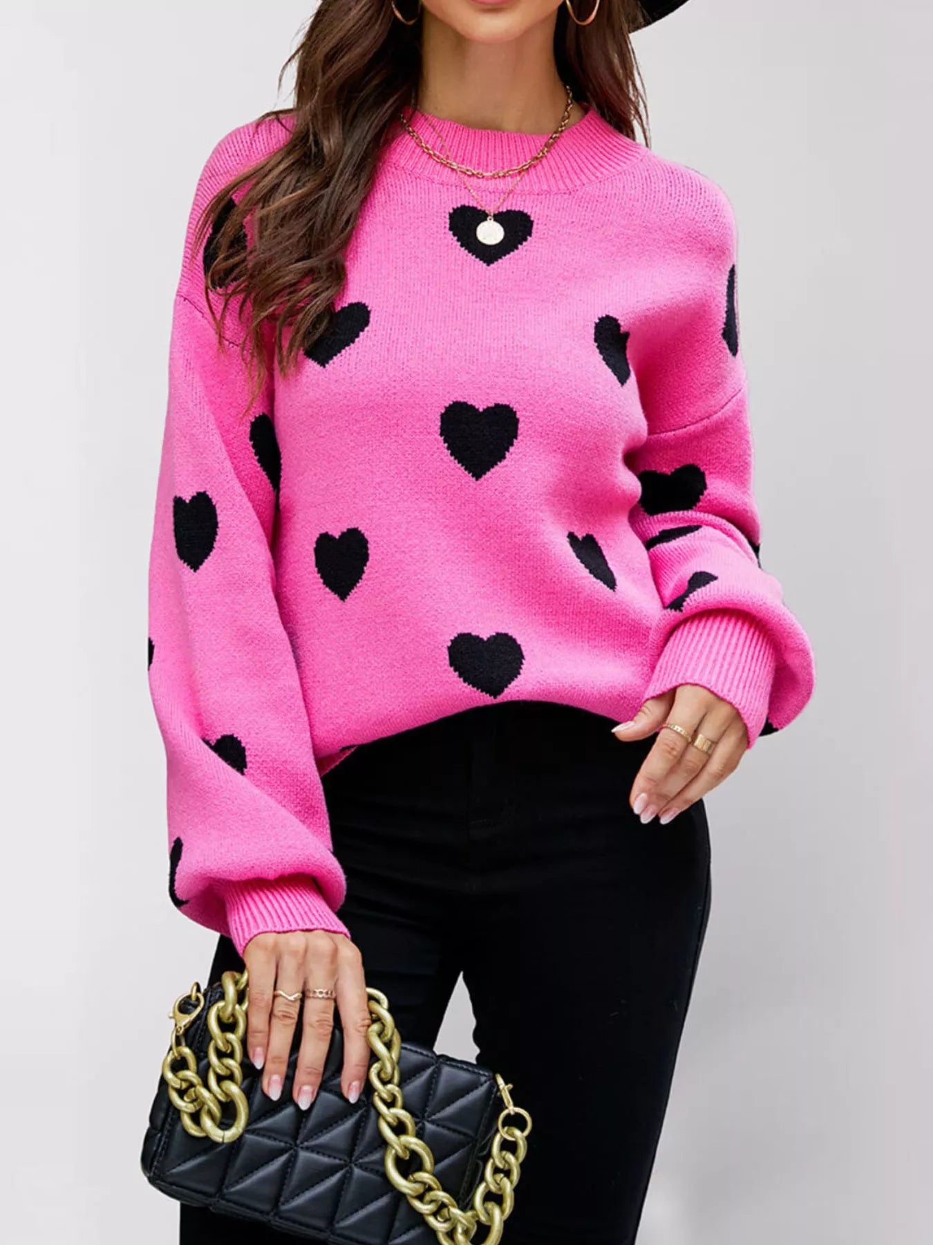 Trendsi Heart-Patterned Dropped Shoulder Sweater -