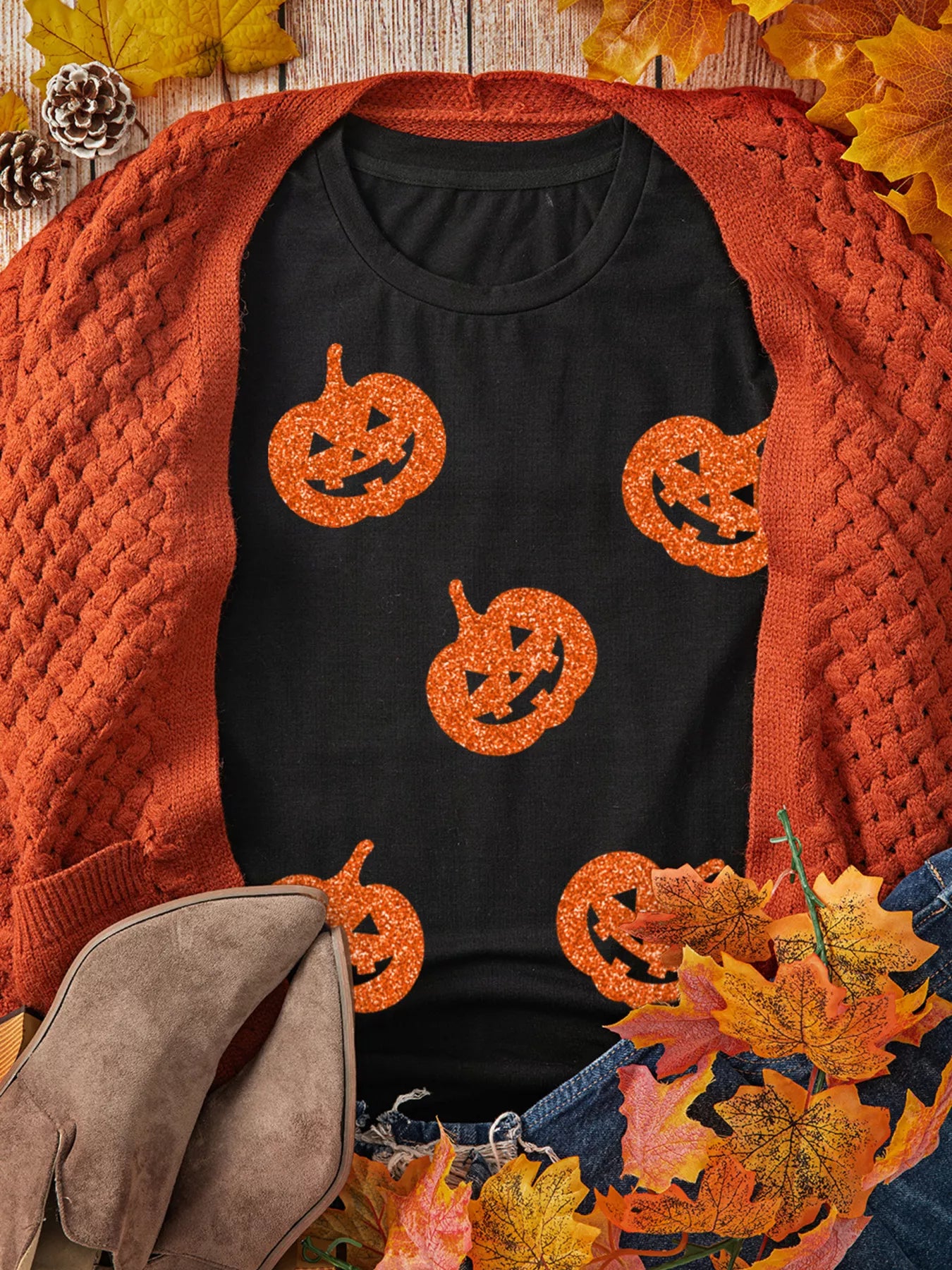 Trendsi Glittering Pumpkin Face Crewneck Halloween T Shirt -