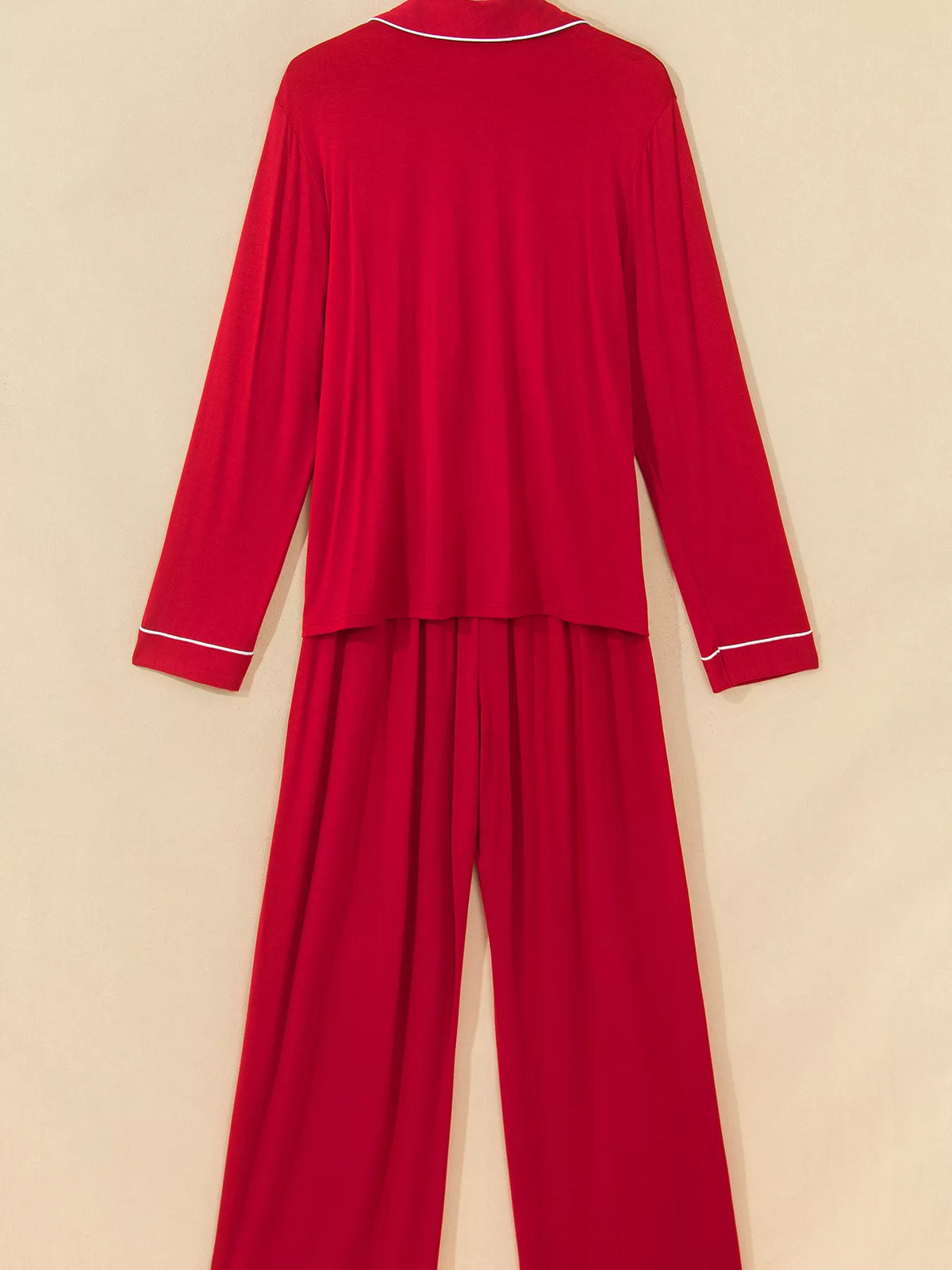 Deep Red bow pocket long sleeve pajama set, back view