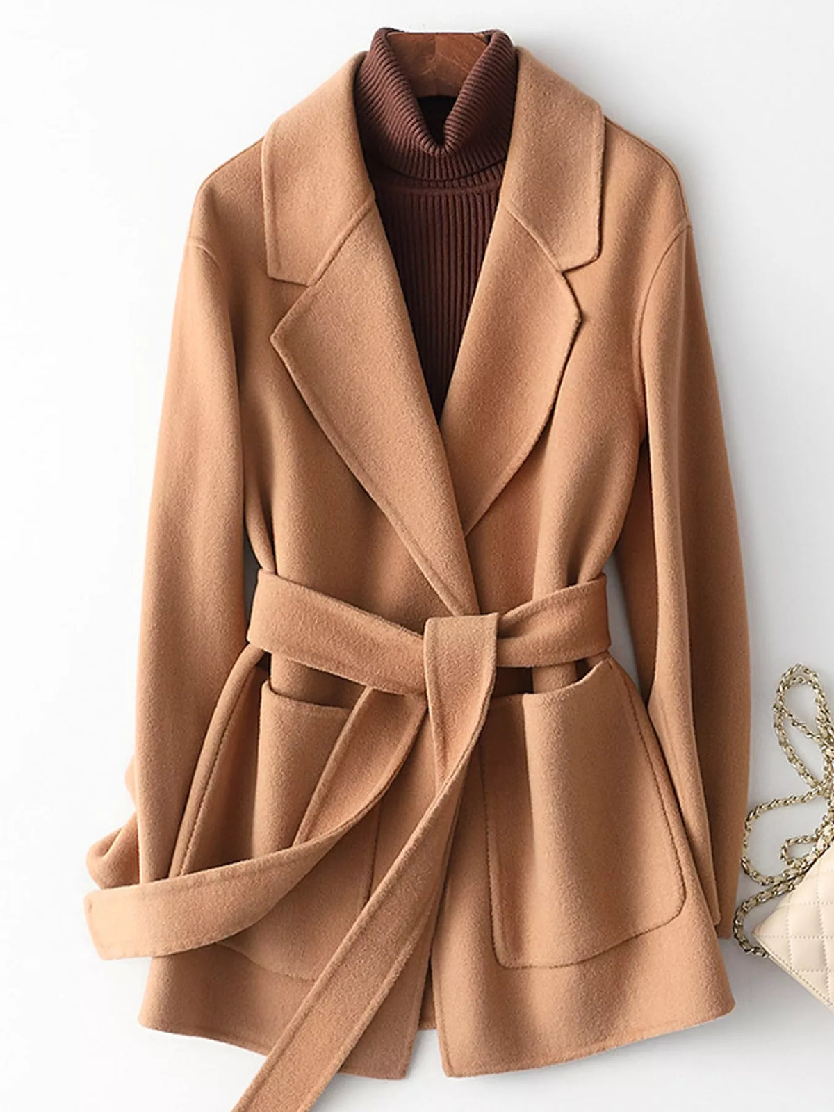 Camel belted double-sided wool coat