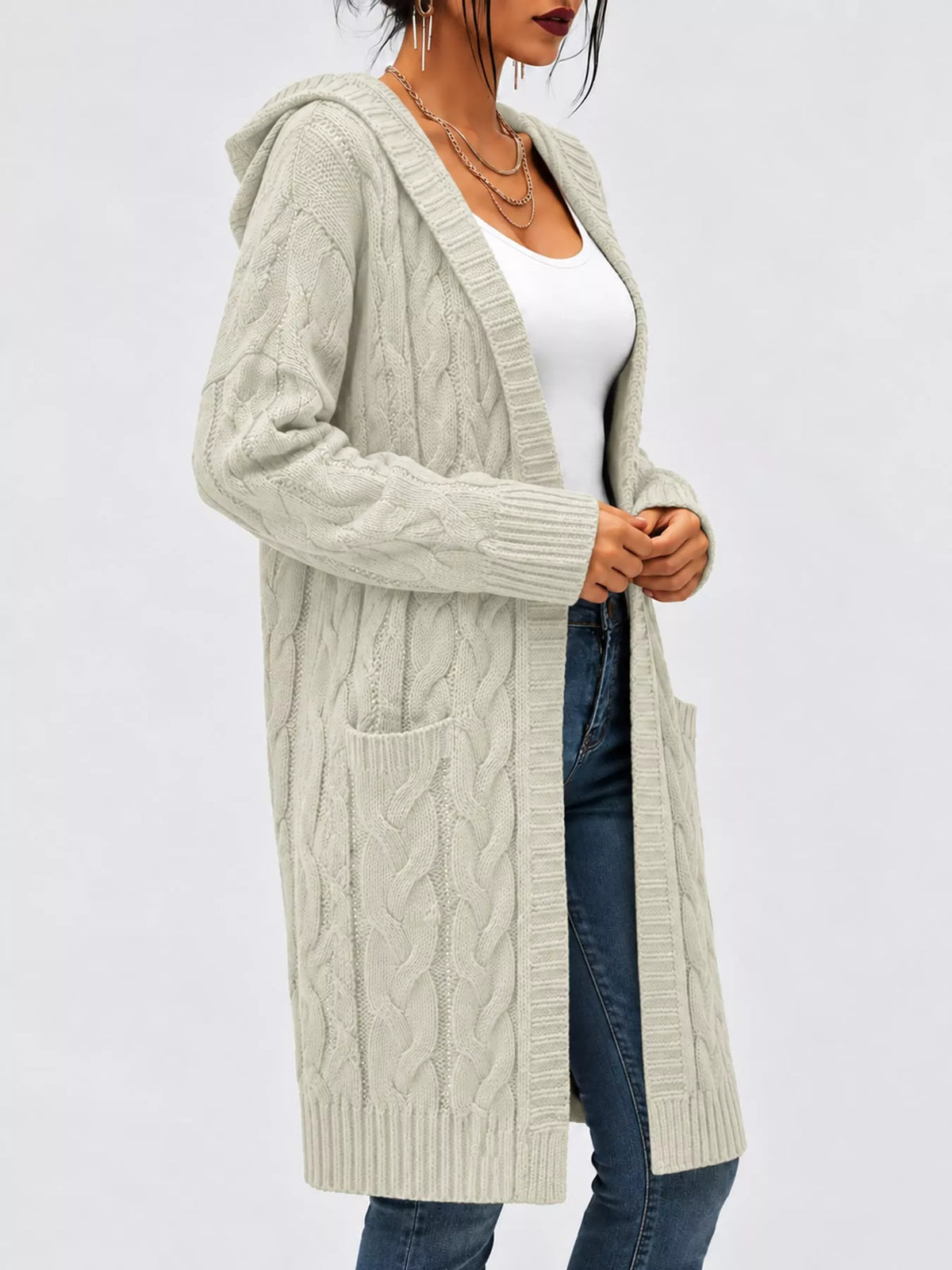 Hooded Cable Knit Longline Cardigan in cream