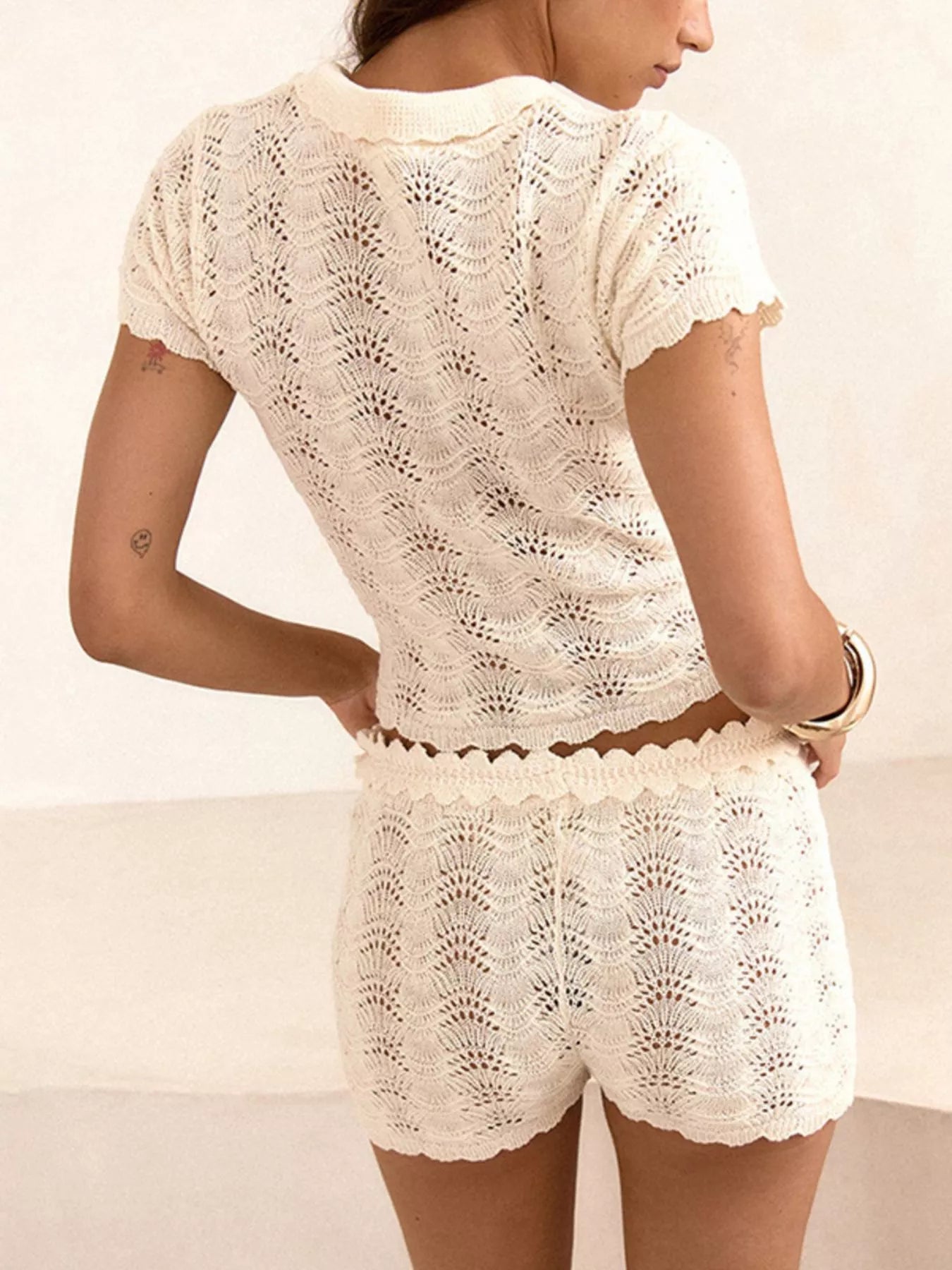 Trendsi Openwork Crochet Knit Polo Top and Shorts Set -