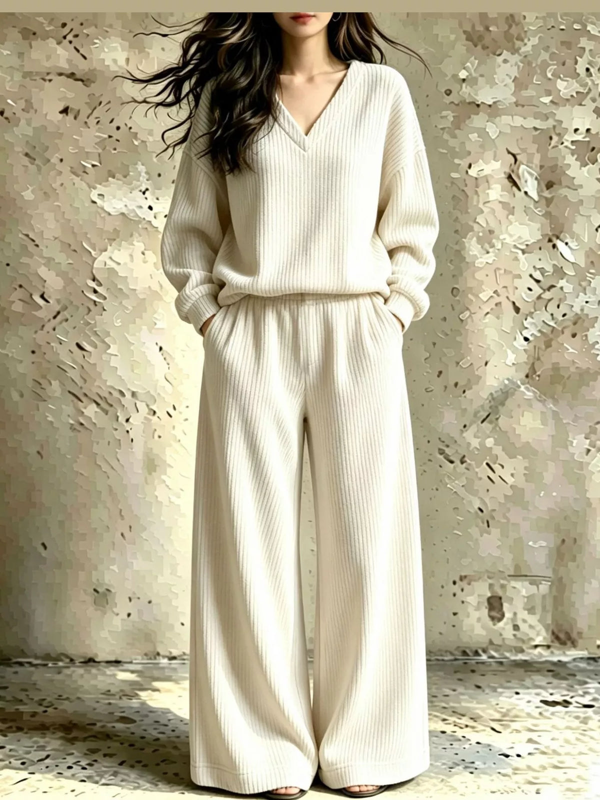 Cream corduroy v-neck top and pants set — front view