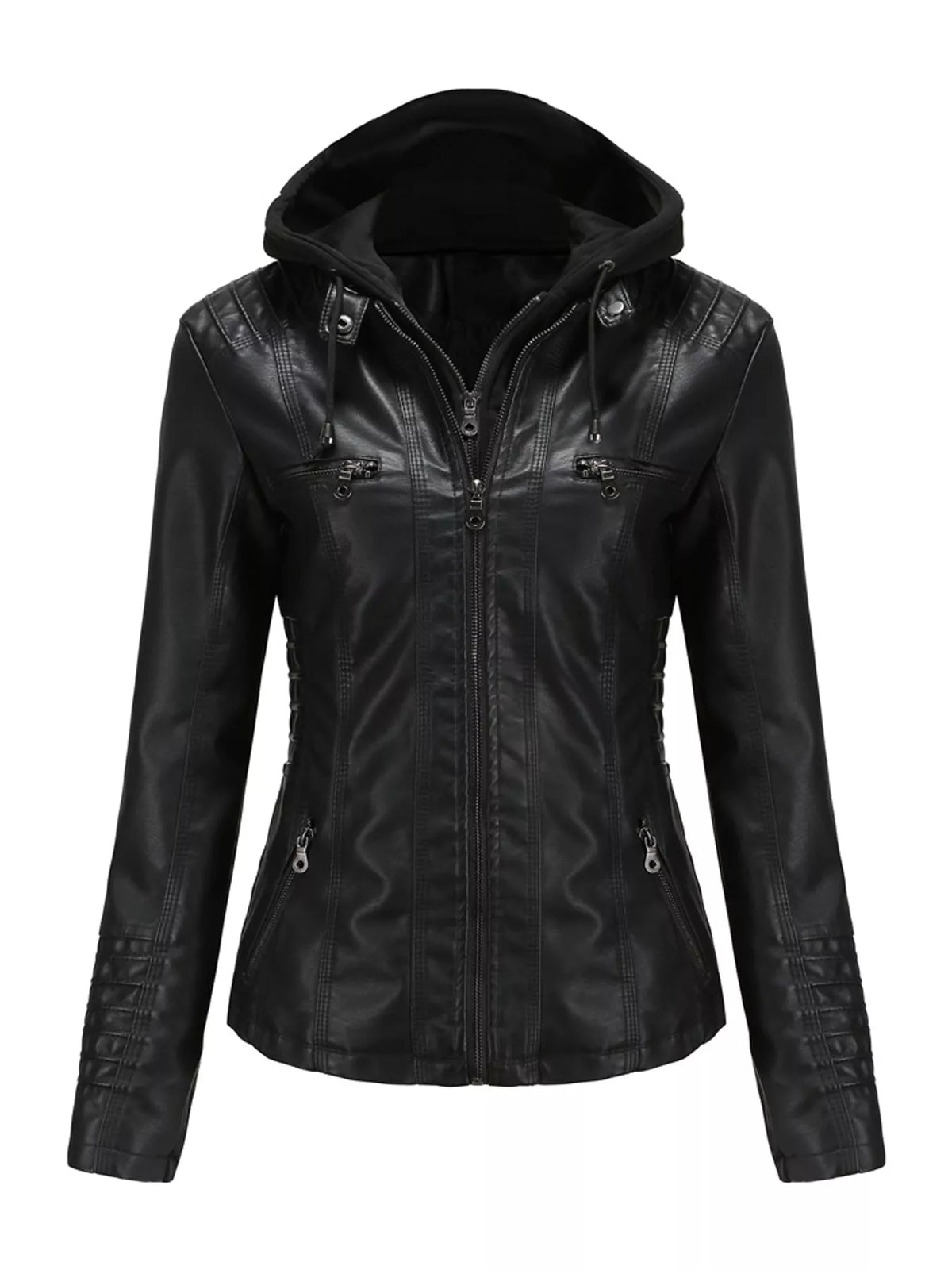 Hooded faux-leather jacket, black hooded jacket flat front