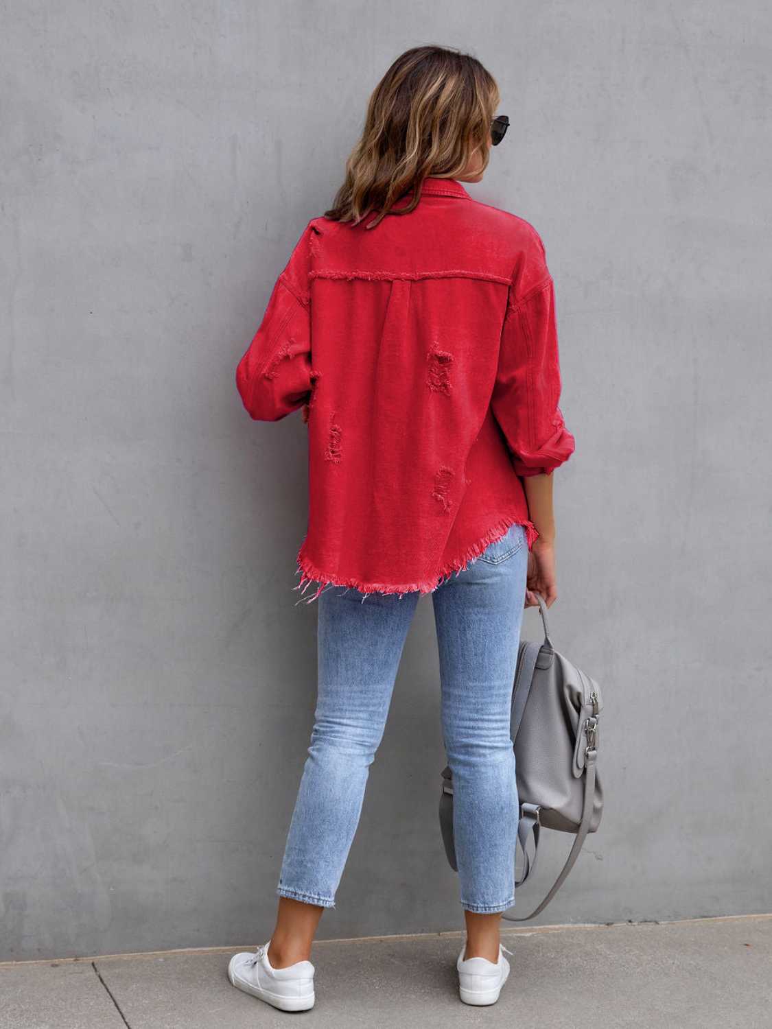 Trendsi Distressed Drop Shoulder Denim Jacket -