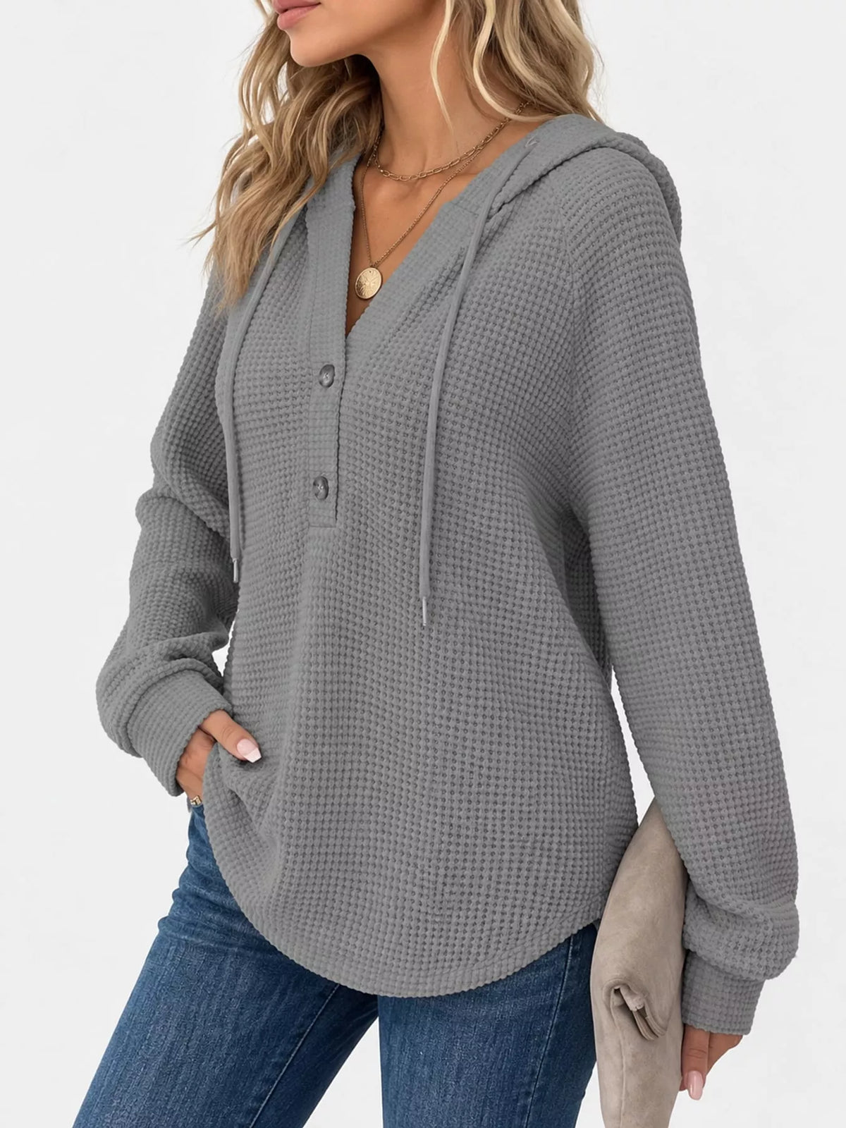 Gray waffle knit button-detail hoodie, side view