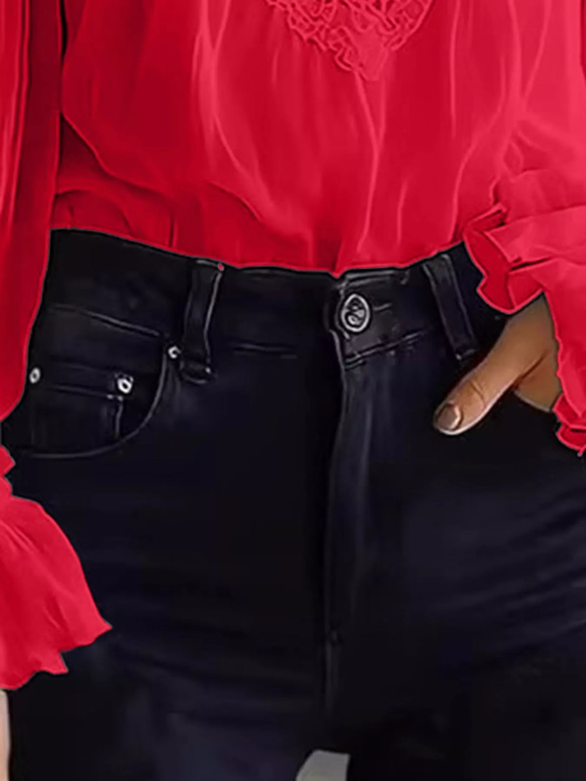 Red lace V-neck flounce sleeve blouse, blouse fabric and cuff detail