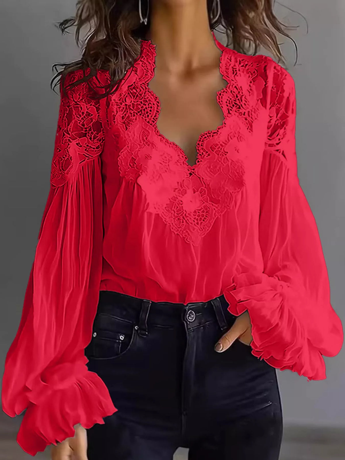Red lace V-neck flounce sleeve blouse