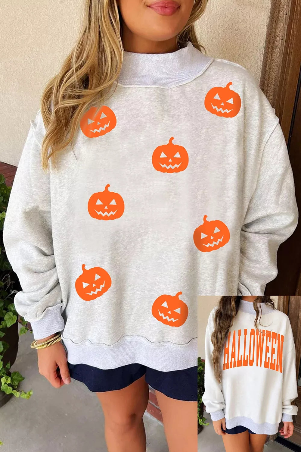 Women's pumpkin face print mock-neck reversible Halloween sweatshirt