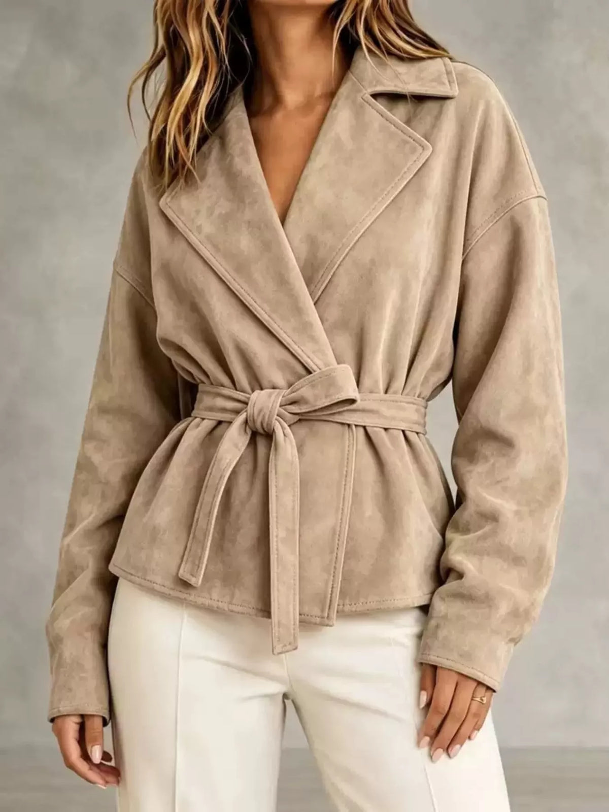 Beige tie-waist lapel collar jacket