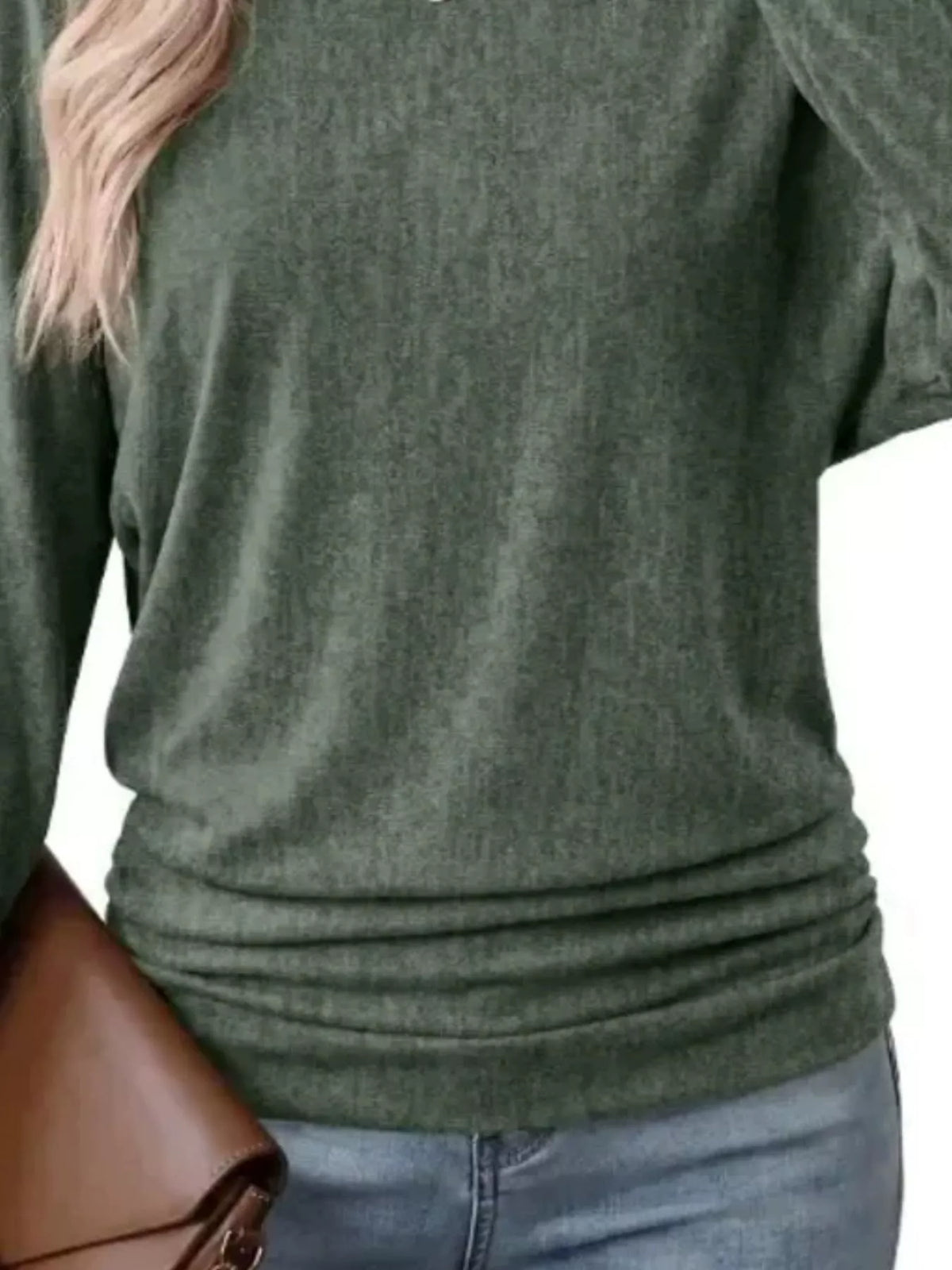 Green crew neck t-shirt with ruched hem, knit texture and gathered lower hem