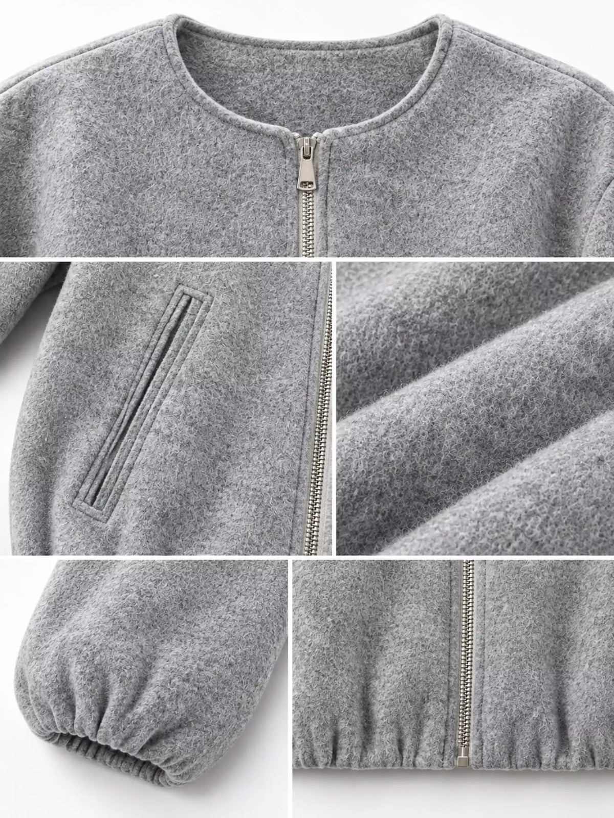 Gray zip-up long sleeve jacket — design and construction details