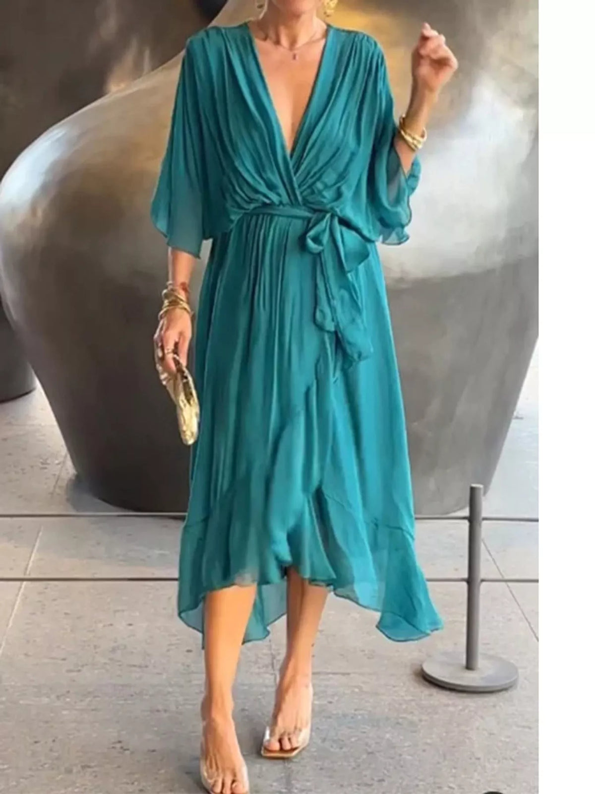Teal batwing sleeve wrap dress with waist tie, front view