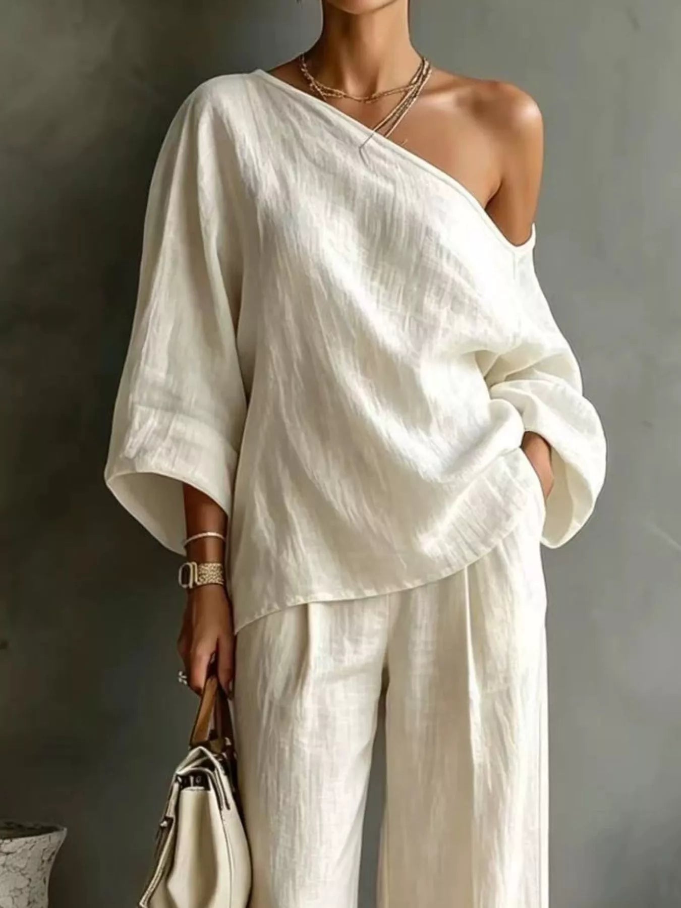 Trendsi One Shoulder Top and Wide Leg Pants Set -