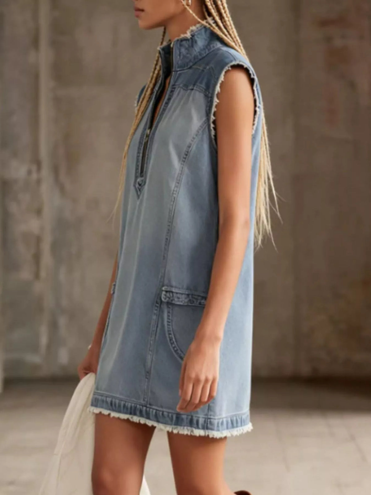 Sleeveless frayed-hem zip-front denim mini dress