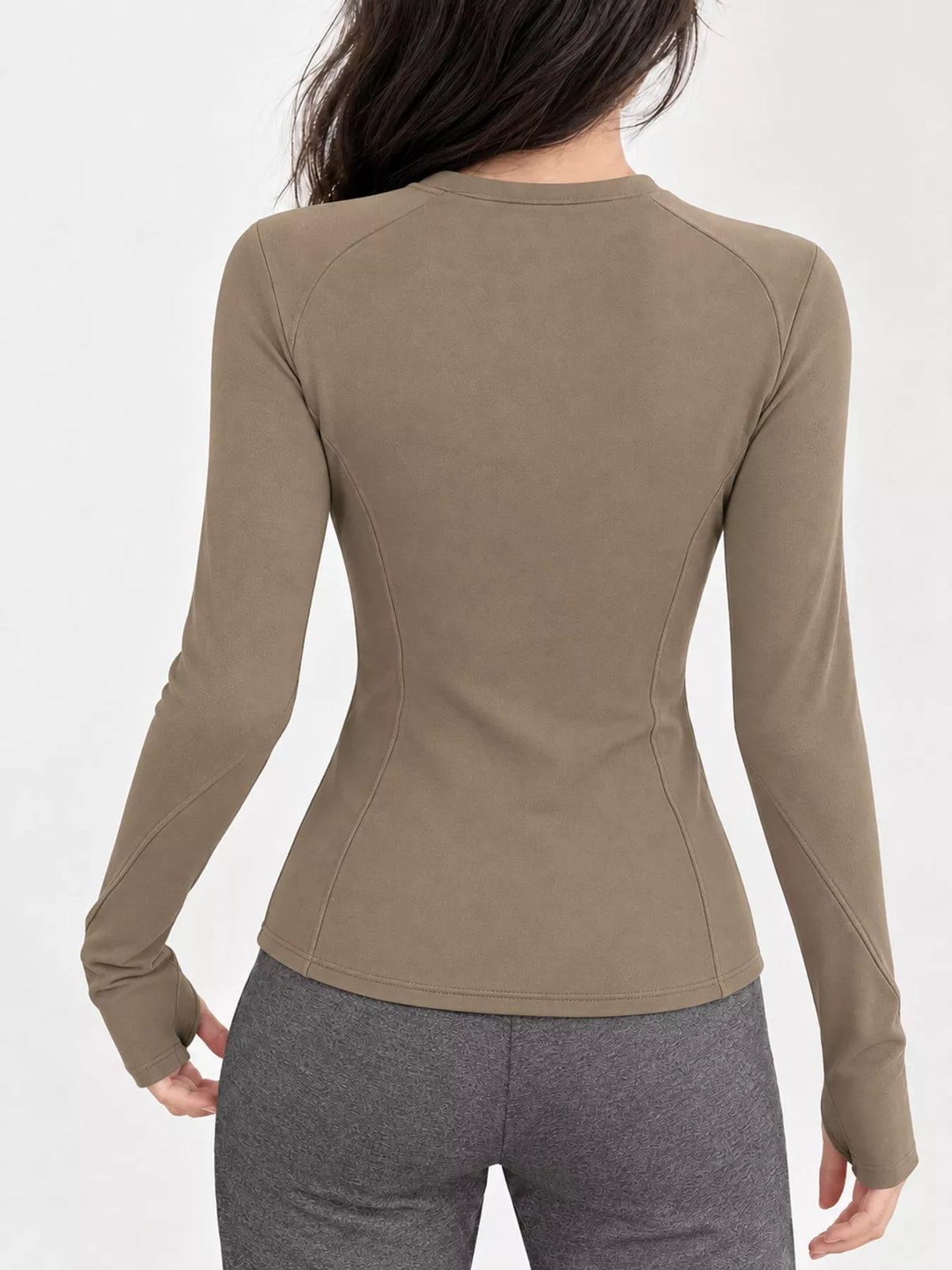 Taupe slim-fit zip-up long sleeve jacket — back view