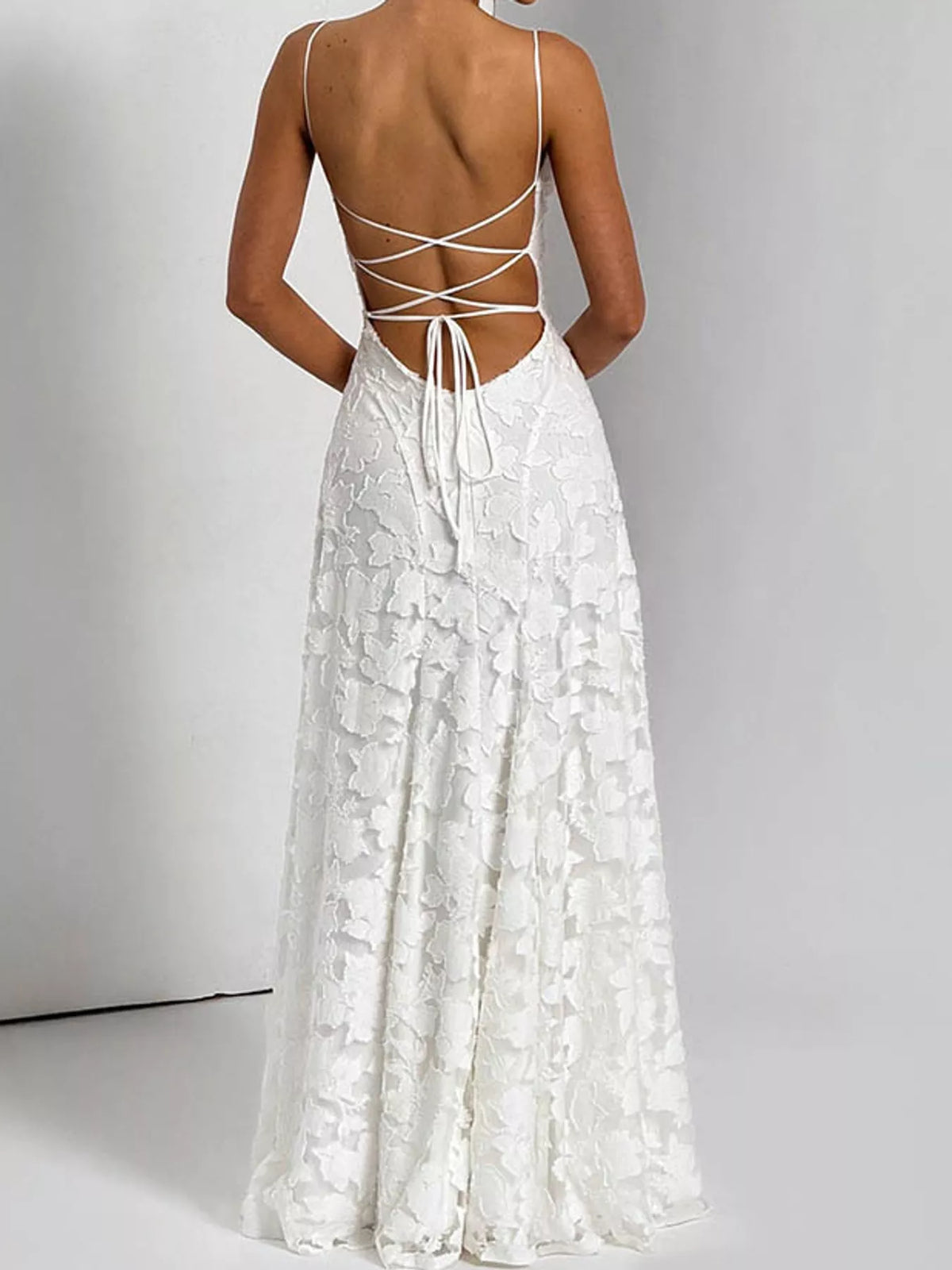 Cowl neck spaghetti-strap maxi dress, back view