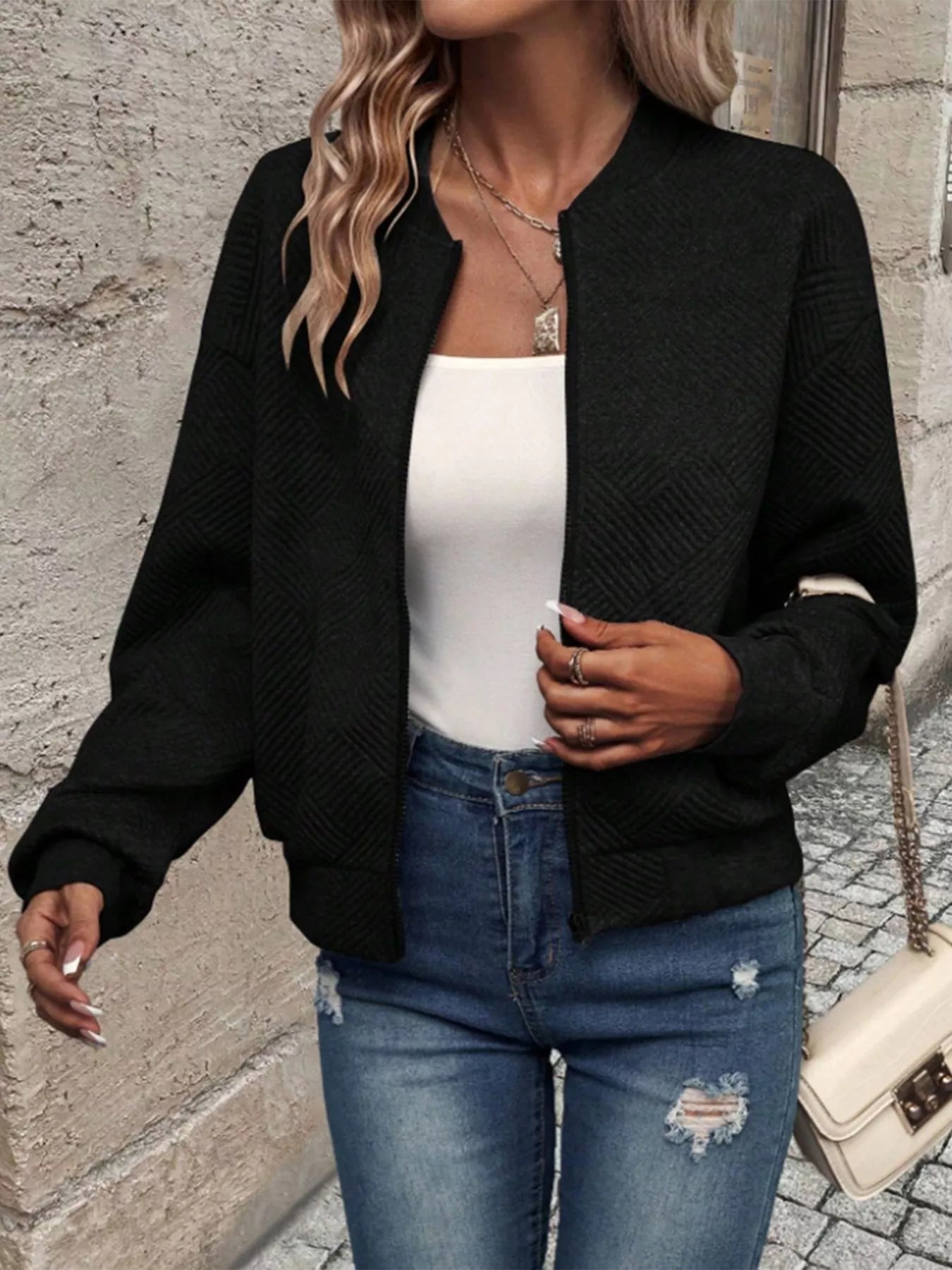 Trendsi Textured Knit Zip-Up Jacket -