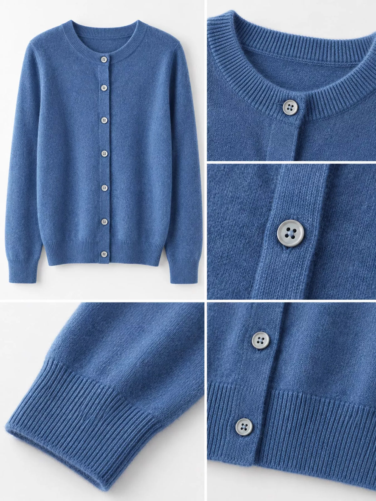 Blue crew neck button-front cardigan, knit details