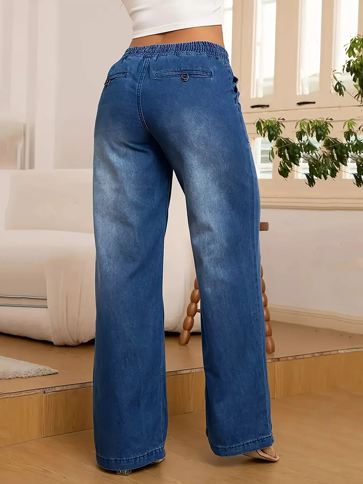 Drawstring Wide-Leg Jeans, back view in dark blue