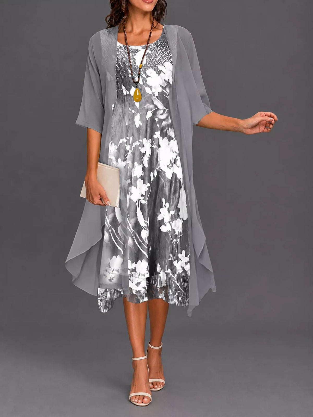 Floral dress and cardigan set, gray full front