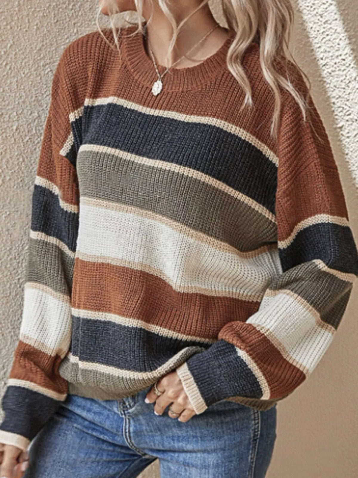 Color Block Striped Crew Neck Sweater in brown with multicolor stripes, front view