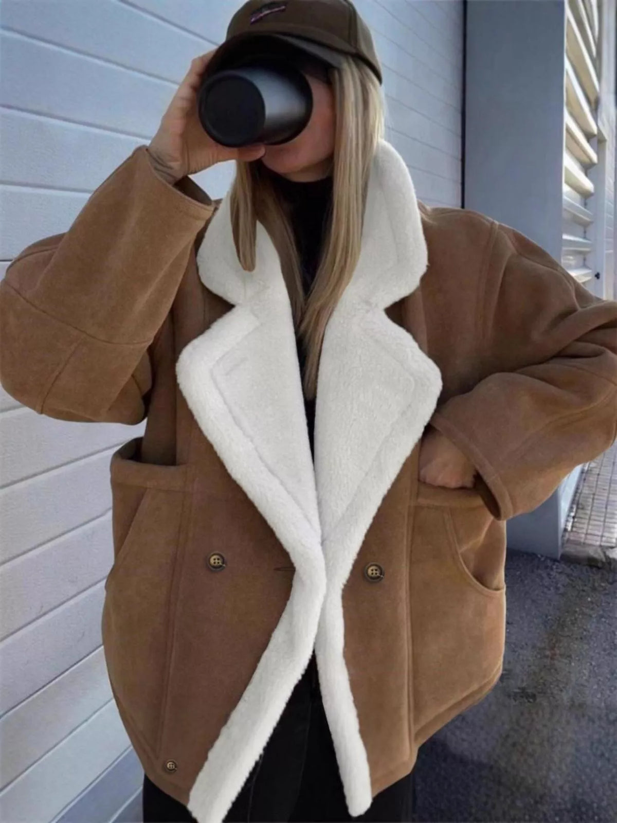 Plush-Lined Double-Breasted Jacket in camel, front view
