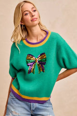 Trendsi BiBi Mardi Gras Sequin Ribbon Patched Sweater -