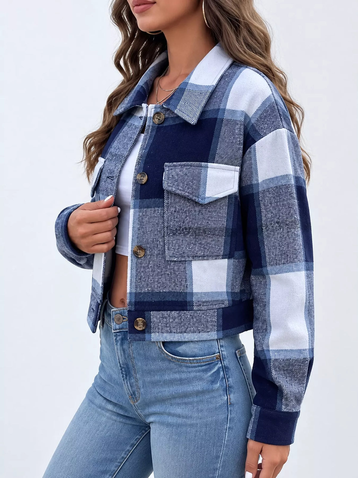 Plaid cropped jacket, blue white side
