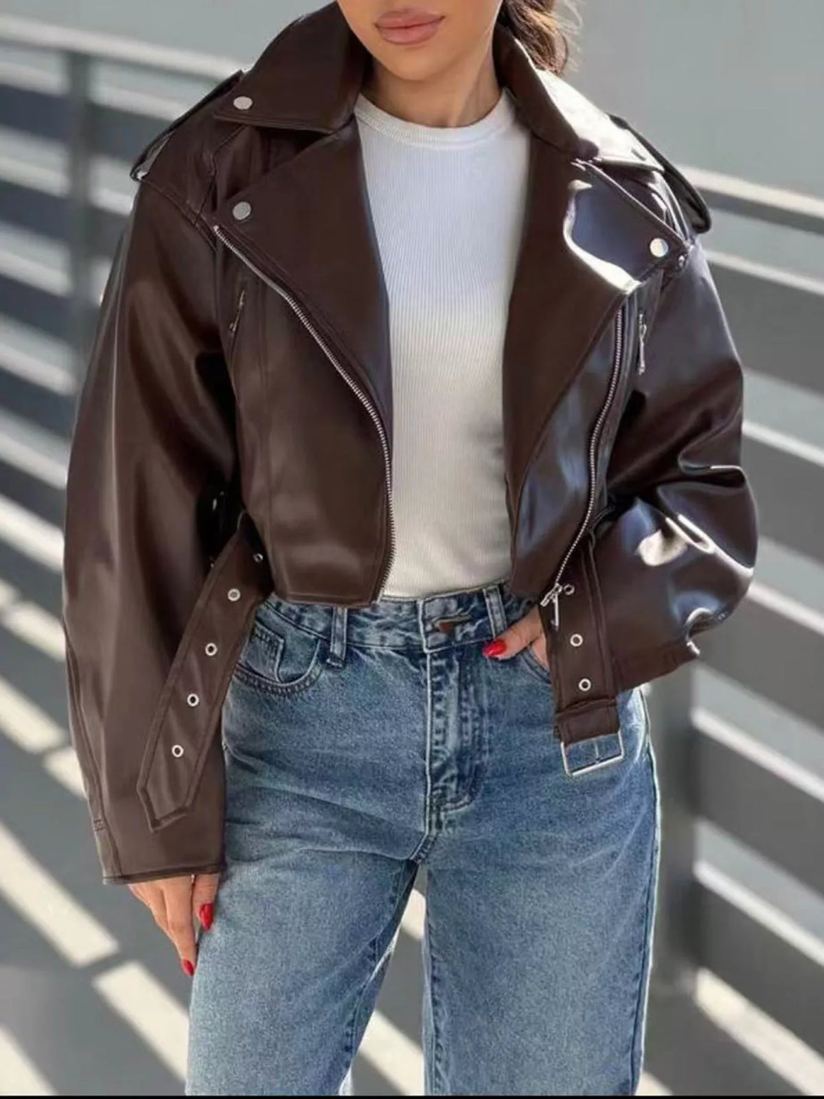 Faux Leather Zip Up Jacket in brown, front view