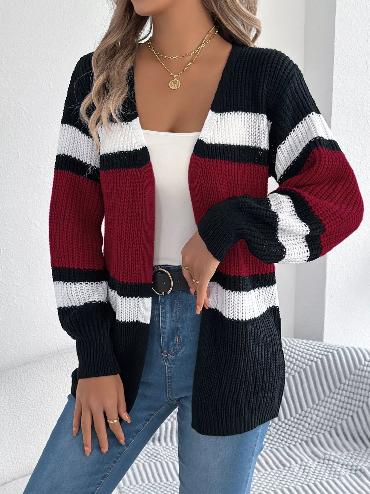 Wine Red color block open front knit cardigan